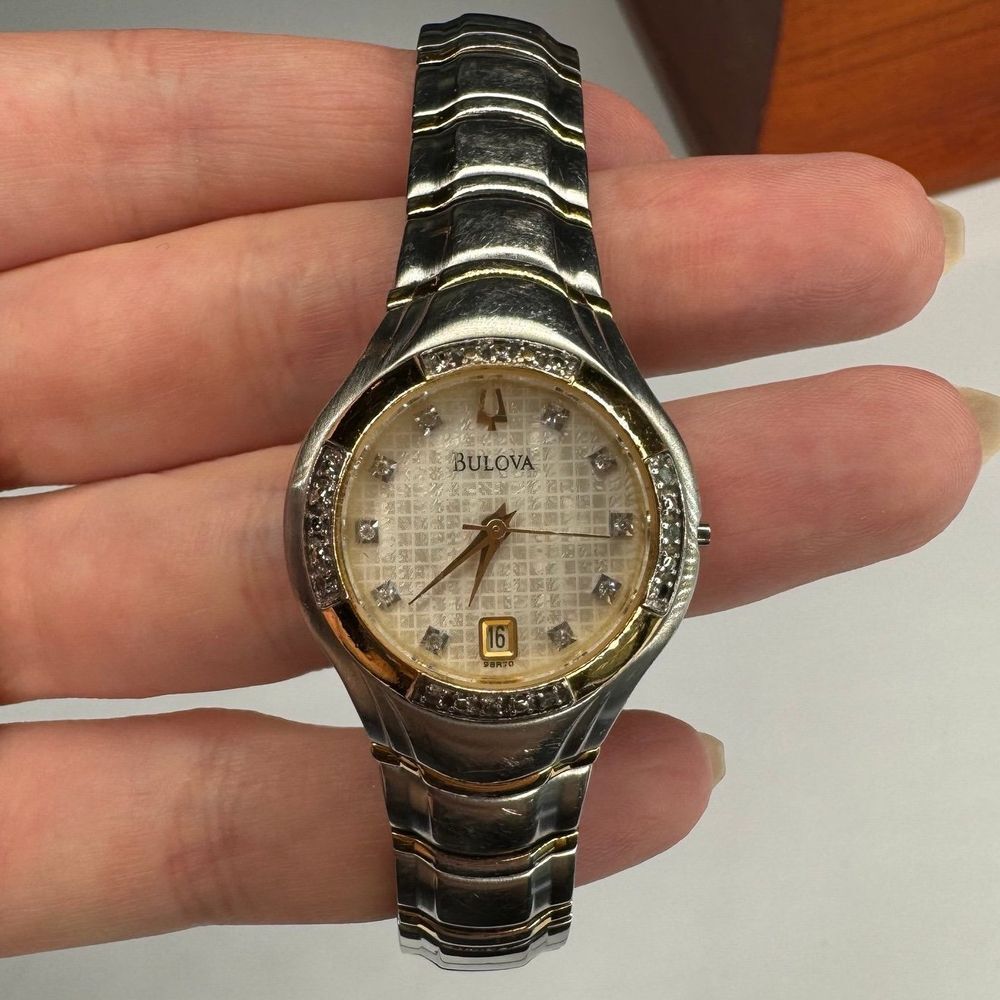 Bulova Ladies Watch Genuine Diamonds Two Tone Bracelet Pearl Dial 98R70‎